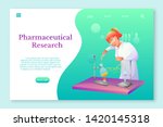 Pharmaceutical research lnding page template. Biochemist making research flat character. Chemist experimenting vector illustration. Scientific, medical laboratory, lab testing. Chemicals, in tubes