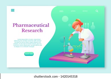 Pharmaceutical research lnding page template. Biochemist making research flat character. Chemist experimenting vector illustration. Scientific, medical laboratory, lab testing. Chemicals, in tubes