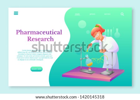 Pharmaceutical research lnding page template. Biochemist making research flat character. Chemist experimenting vector illustration. Scientific, medical laboratory, lab testing. Chemicals, in tubes