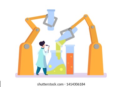 Pharmaceutical research. Scientist making clinical test and analysis. New medicine development. Researcher in uniform. Isolated vector illustration in cartoon style