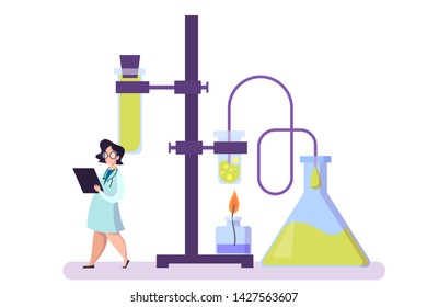 Pharmaceutical research. Scientist making clinical test and analysis. New medicine development. Researcher in uniform. Isolated vector illustration in cartoon style