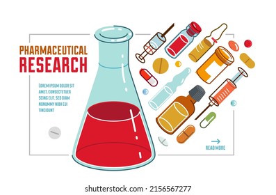 Pharmaceutical research vector illustration with chemical flask and different medicine vector, medical science concept.