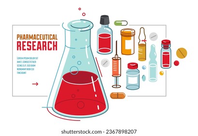Pharmaceutical research vector illustration with chemical flask and different medicine vector, medical science concept.