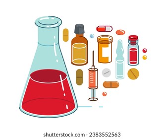 Pharmaceutical research vector illustration with chemical flask and different medicine vector, medical science concept.