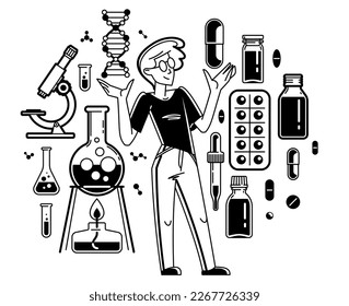 Ilustración vectorial de investigación farmacéutica, científico que trabaja en nuevos medicamentos, trabajo químico, bioquímica farmacéutica.
