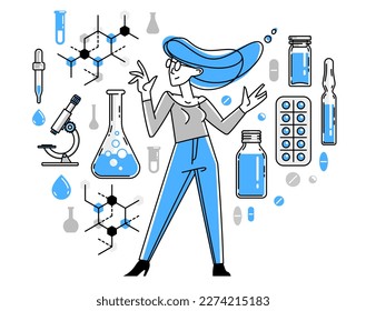 Pharmaceutical research vector illustration, scientist working on new drugs medicine, chemist job, biochemistry pharma.