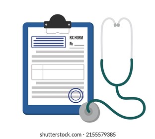 Pharmaceutical RX prescription form for medicines on tablet and stethoscope. A sheet of paper with blue seals and stamps of a doctor. Vector illustration of the patient's treatment concept.