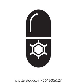 Ícone de glifo de ciência farmacêutica com cápsula e símbolo de molécula para desenvolvimento de fármacos e pesquisa química vetor design vetor ícone de glifo sólido