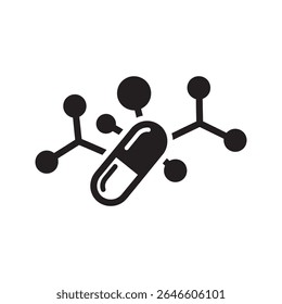 Ícone da ciência farmacêutica com uma pílula e estrutura molecular representando a pesquisa farmacológica da formulação do medicamento e o vetor do desenvolvimento da biotecnologia ícone do glifo sólido do vetor