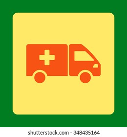 Pharmaceutical Shipping vector icon. Style is flat rounded square button, orange and yellow colors, green background.