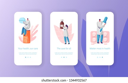 Pharmaceutical Shop Care about Customer Mobile App Page Onboard Screen Set. Capsule, Vitamin and Antibiotic with Character in Drugstore for Website or Web Page. Flat Cartoon Vector Illustration