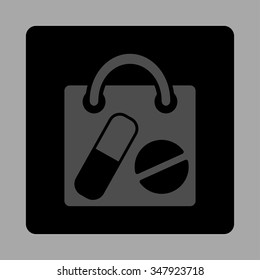 Pharmaceutical Shopping Bag vector icon. Style is flat rounded square button, gray and black colors, silver background.