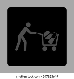 Pharmaceutical Shopping vector icon. Style is flat rounded square button, gray and black colors, silver background.