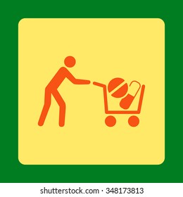 Pharmaceutical Shopping vector icon. Style is flat rounded square button, orange and yellow colors, green background.