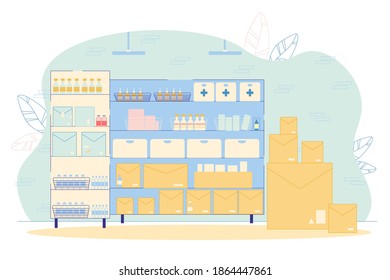 Pharmaceutical Storehouse Interior Vector Illustration. Cardboard Package Box Stockpile, Rack with Pills, Pharmacy Drug, Medicament Bottles in Storage Room. Drugstore Hospital Warehouse