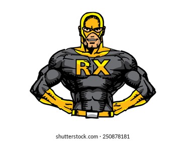 Pharmaceutical Superhero concept. RX or Repeat Prescription Man.