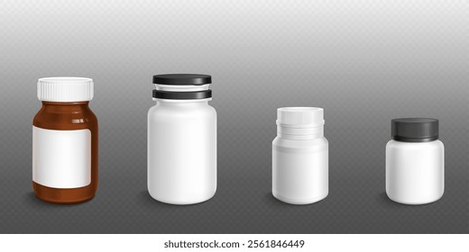 Pharmaceutical supplement bottles and containers. White and amber plastic or glass jar with different caps and lids for storing vitamins, medicines or dietary additives. Realistic 3d vector set.