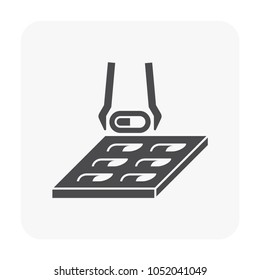Pharmaceutical and supplement manufacturing industry vector icon. Consist of tweezer filling capsule tablet product in capsule blister packing sheet. For healthy, healthcare, remedy and illness.