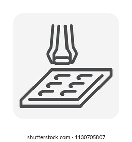 Pharmaceutical and supplement manufacturing industry vector icon. Consist of tweezer filling capsule tablet product in capsule blister packing sheet. For healthy, healthcare, remedy and illness.
