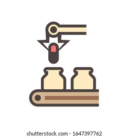 Producción farmacéutica y fabricación de iconos vectoriales en blanco.