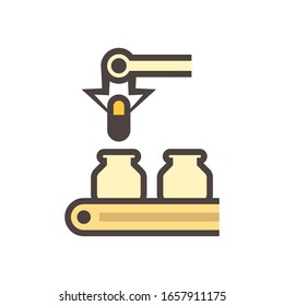 Pharmaceutical and supplement manufacturing industry vector icon. Consist of robot or automated machine filling capsule of drug or medical product in bottle packaging on conveyor and production line.