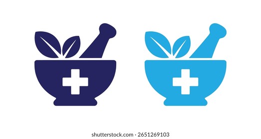 pharmaceutical symbol design, suitable for medical themes and can be used as an icon,logo.Vector art of a mortar and pestle with herbs for natural medicine preparation