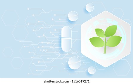 Pharmaceutical technology using medicinal plants to extract important substances concept. Futuristic and paper cut design.