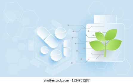 Pharmaceutical technology using medicinal plants to extract important substances concept. Futuristic and paper cut design.
