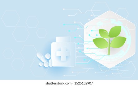 Pharmaceutical technology using medicinal plants to extract important substances concept. Futuristic and paper cut design.