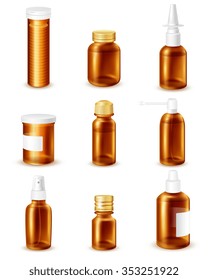 Pharmaceutical transparent bottles realistic set with liquid medicines isolated vector illustration 