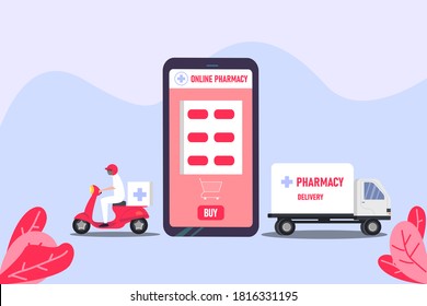 Pharmaceutical vector concept: Online pharmacy application with delivery service using motorcycle and car