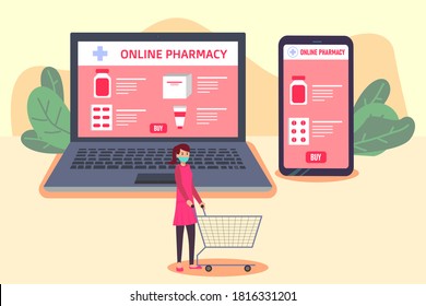 Pharmaceutical vector concept: Woman wearing a face mask and pushing a shopping cart with online pharmacy background on the laptop and mobile phone screen