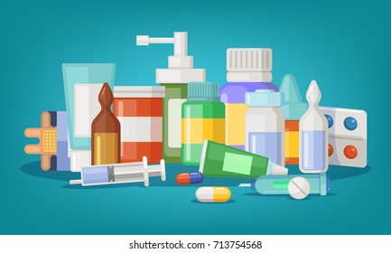 Pharmaceutical vector illustration of medical bottles and pills. Medical cure and cartoon medicament and vitamin