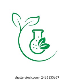 Logotipo o signo del Vector farmacéutico para el embalaje del producto. Hojas verdes y matraz químico.