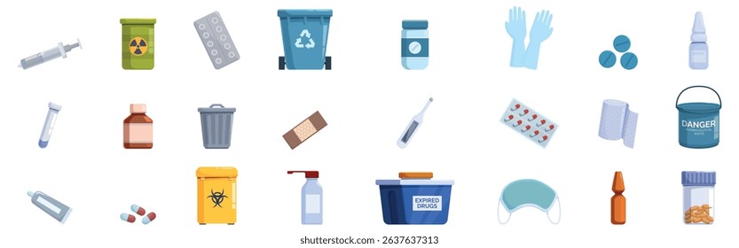 Pharmaceutical waste disposal icons set. Various icons depicting medical and hazardous waste disposal items