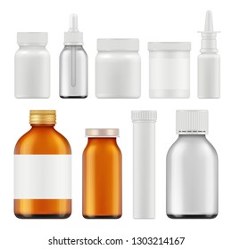 Pharmaceutical white bottles. Blank medicament supplement box or packages realistic white empty vector containers