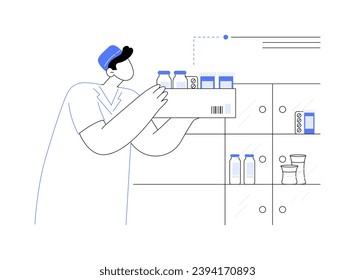 Ilustración vectorial de concepto abstracto del mayorista farmacéutico. El mayorista farmacéutico suministra diferentes medicamentos a almacén, distribución de medicamentos, metáfora abstracta de los trabajadores de farmacias.