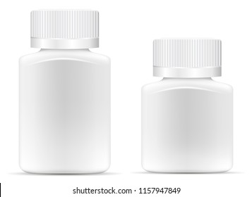 Pharmaceutical wide square drug bottle for pills, capsules. White container mock up. 3d vector illustration.