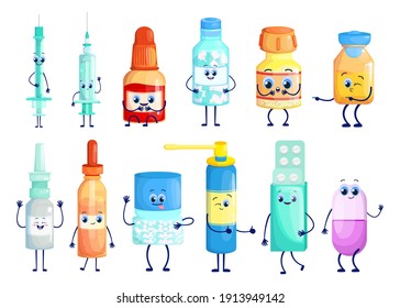 Pharmaceuticals cartoon characters set. Cute funny pill bottles, tablet blisters, injection syringe, drops, spray isolated on white. For meds, remedy, pharmacy, treatment concept