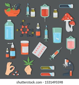 Pharmaceuticals color vector icons set. Flat design