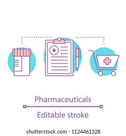 Pharmaceuticals concept icon. Medical prescription idea thin line illustration. Treatment. Medications buying. Vector isolated outline drawing. Editable stroke