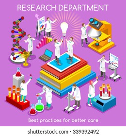 Pharmaceuticals Industry Scientist Translational Research Infographic. Pharmaceutical Research Laboratory Symbol Clinic Medical Biotech Laboratory. 3D Isometric People Drug Development Medicine Vector