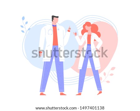 Pharmaceuticals and medical research. Two characters: doctors or scientists are standing nearby. A woman holds a test tube in her hands. Vector illustration.