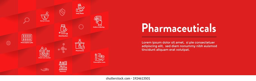 Pharmaceuticals and medications icon set with web header banner