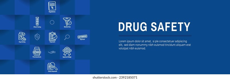 Pharmaceuticals and medications icon set - web header banner for FDA Approval
