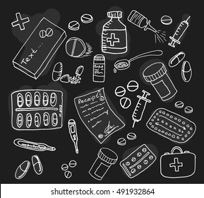 Pharmaceuticals set on black background. Free hand drawn. Vector illustration.