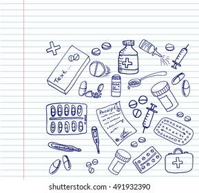 Pharmaceuticals set on copybook background. Free hand drawn. Vector illustration.