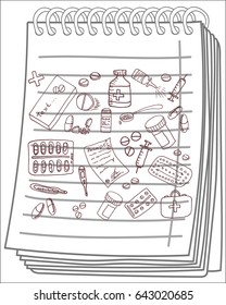 Pharmaceuticals set on notebook background. Free hand drawn. Vector illustration.