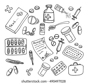 Pharmaceuticals set on white background. Free hand drawn. Vector illustration.