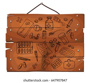 Pharmaceuticals set on wooden plank background. Free hand drawn. Vector illustration.